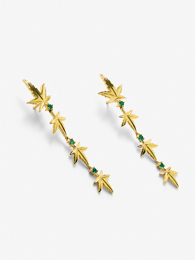 18K Yellow Gold Earrings with six brilliant-cut emeralds totaling 0.37 cts and a maple leaf shape image number 1