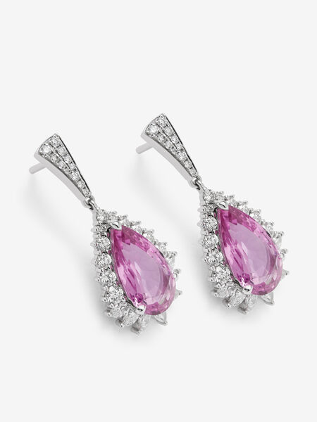 Pendientes lágrima de oro blanco de 18kt con zafiros rosas pera de 7,62cts y diamantes, PE22083-OBDZR_V