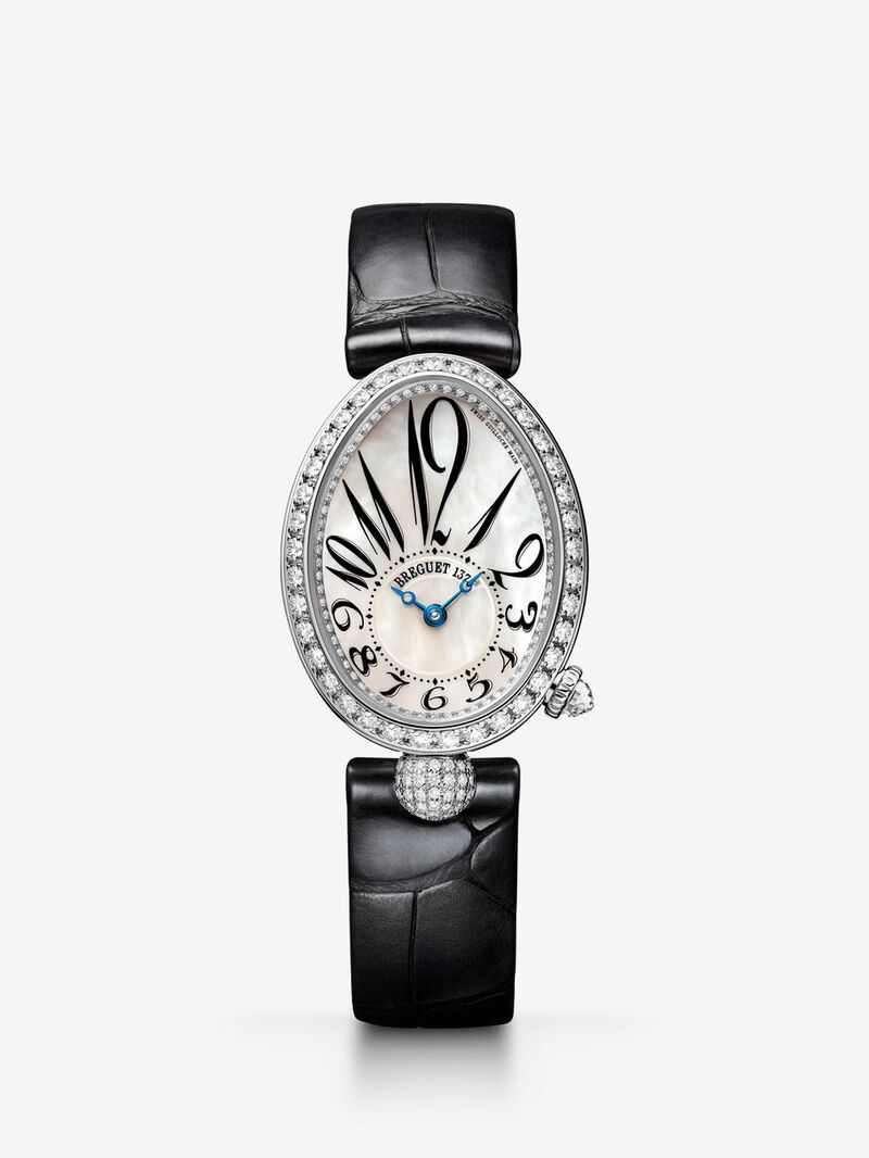 Breguet Reine de Naples watch in 18K white gold, mother-of-pearl and diamonds, leather bracelet, with sapphire crystal and mechanical movement image number 0
