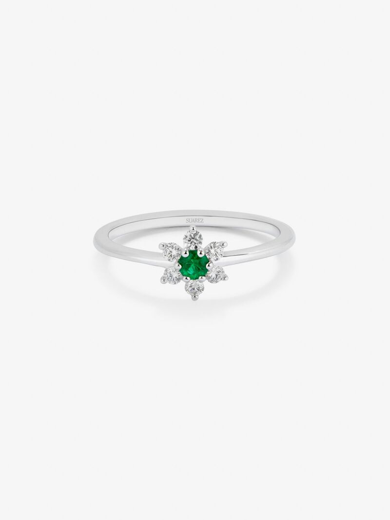 18K white gold ring with brilliant-cut green emerald of 0.08 cts and 6 brilliant-cut diamonds with a total of 0.15 cts in the shape of a star image number 2