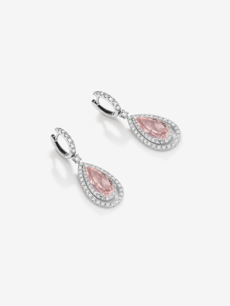 Morganite pear-shaped hoop pendant earrings with 18K white gold and diamonds image number 2