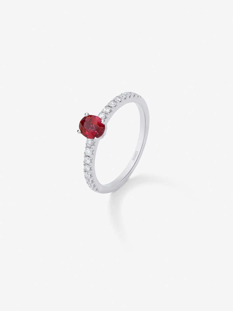 18K White Gold Ring with Red Ruby in 0.55 cts oval size and white 0.1 cts bright diamonds image number 0