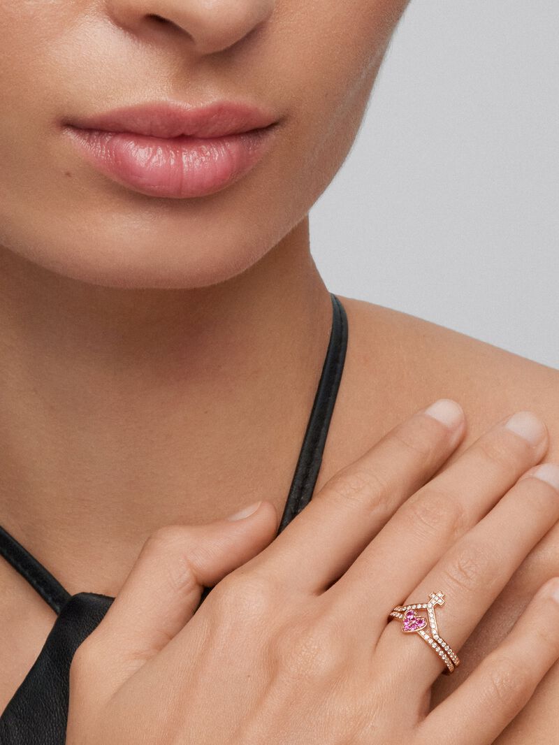 18Kt rose gold ring with diamonds and pink sapphires image number 2