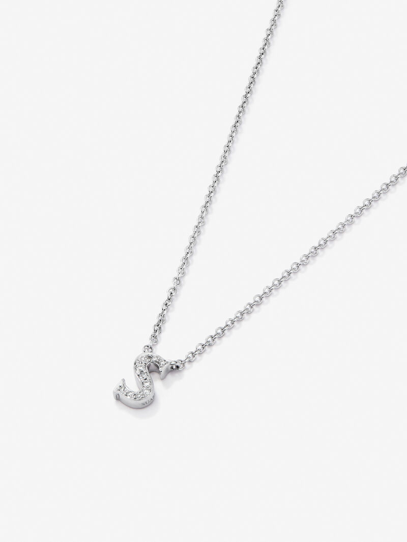 Pendant necklace with small initial in 18K white gold and diamonds. image number 2