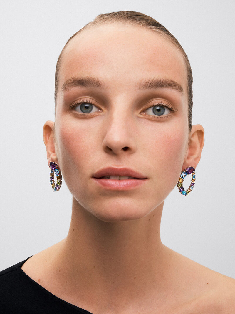 925 silver earrings with purple amethysts, green peridots, Swiss blue topaz and citrine quartz image number 1