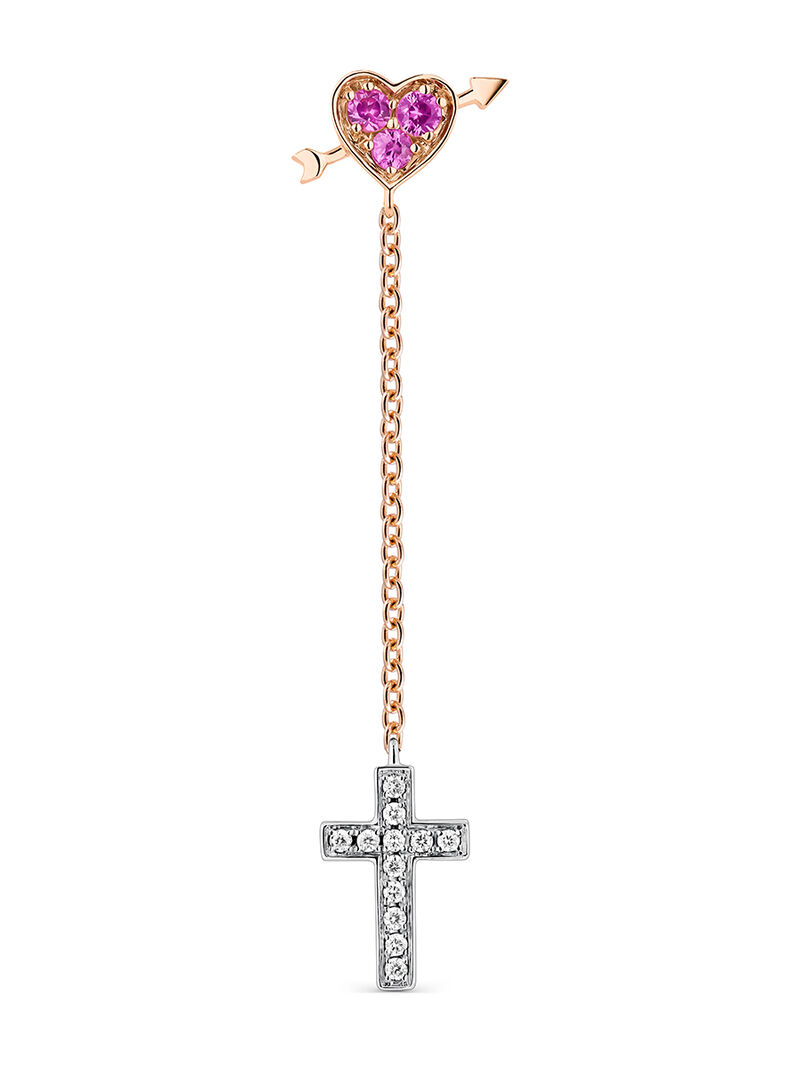 Pendiente Individual de oro rosa y oro blanco con cruz de diamantes y corazón de zafiro rosa image number 0
