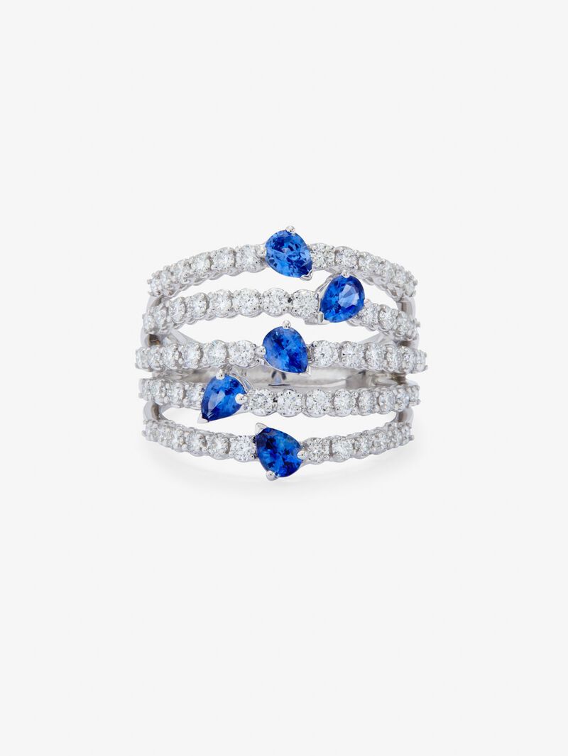 18K White Gold Ring with white diamonds in bright size of 1 cts and blue sapphires in 1.13 cts pear size image number 2