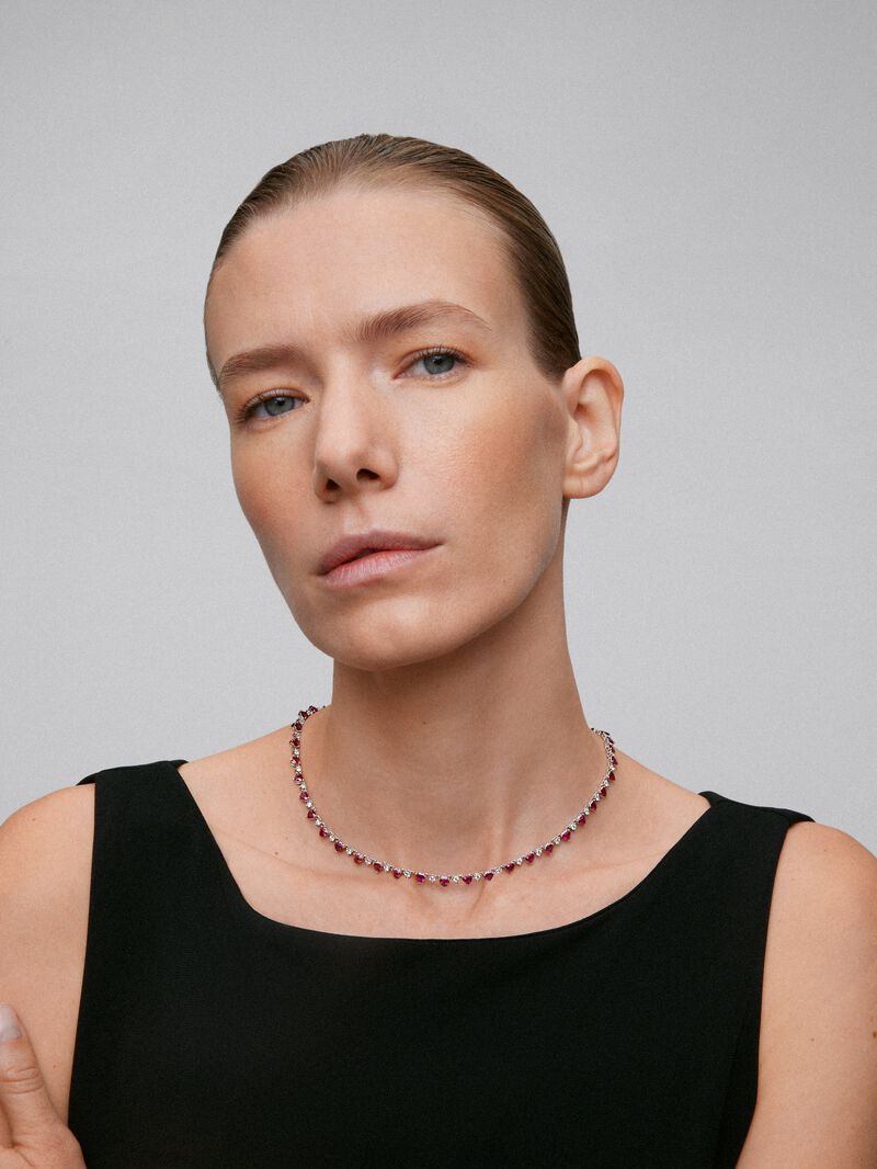 18K White Gold necklace with red ruby ​​with 15.34 cts and white diamonds in bright 3.36 CTS diamonds image number 1