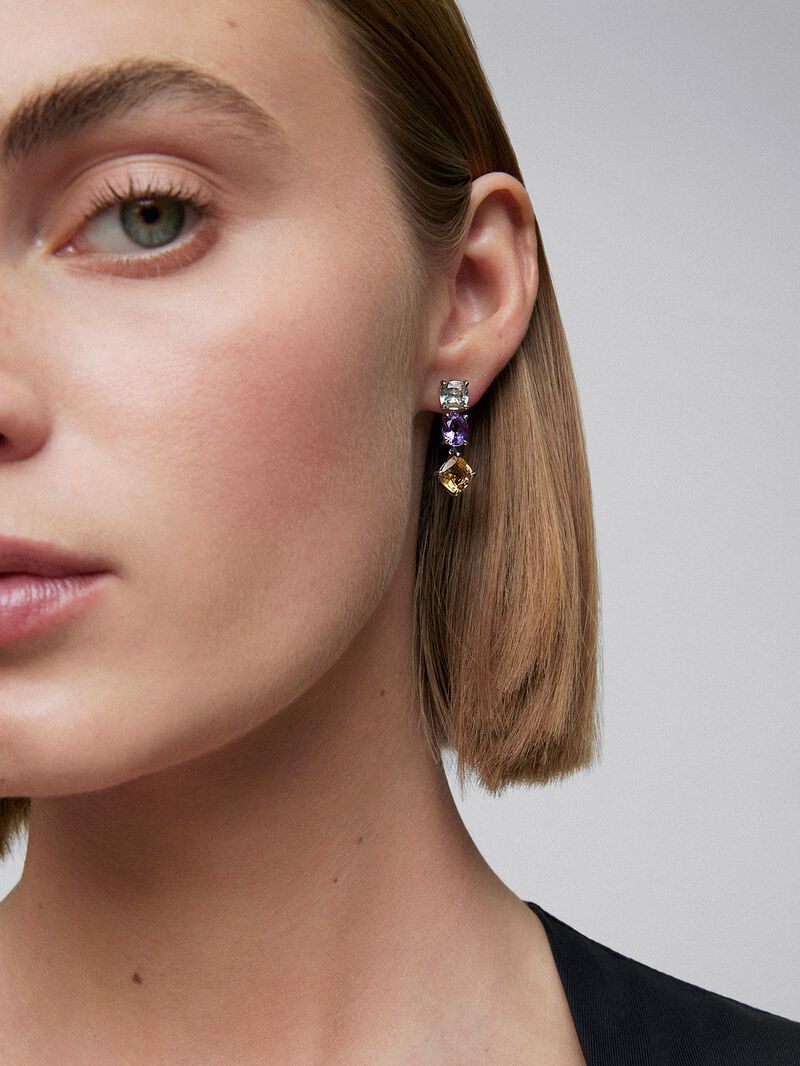 Long 925 silver earrings with green amethyst, purple amethyst, and citrine. image number 3