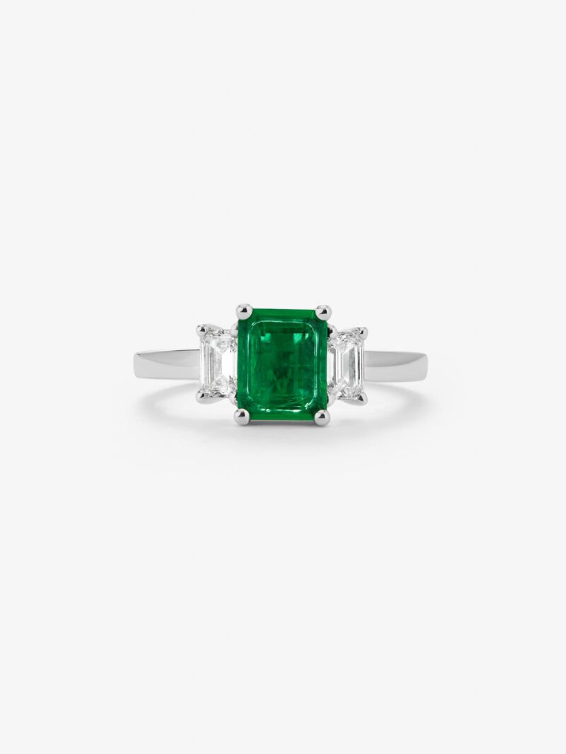 18K white gold triple ring with octagonal cut emerald of 0.5 cts and 2 emerald cut diamonds with a total of 0.31 cts image number 2