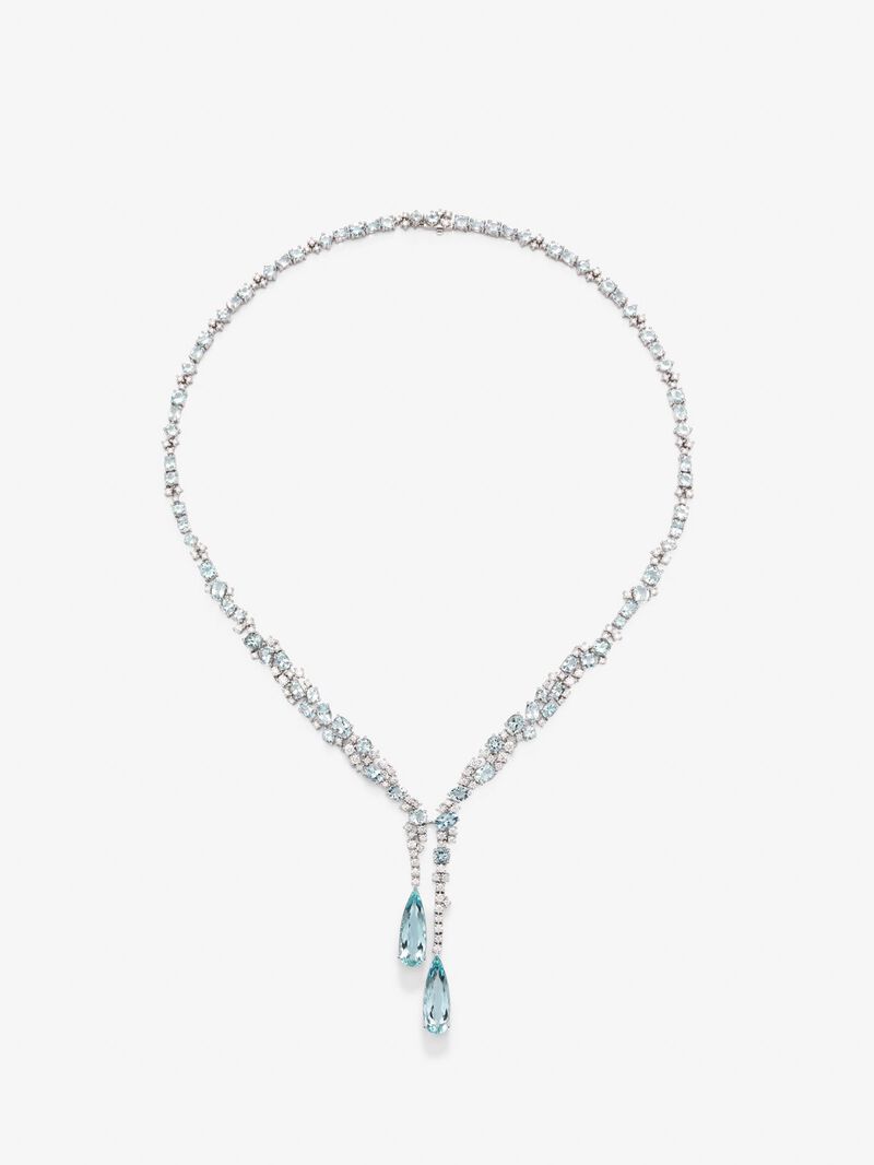 18K white gold necklace with blue aquamarines in 9.9 cts and white diamonds in bright 5.15 cts diamonds image number 0