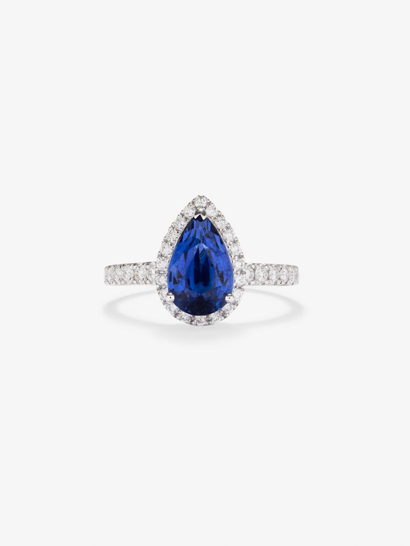 18K white gold ring with pear-cut blue sapphire of 2.35 cts and border and arm of 34 brilliant-cut diamonds with a total of 0.42 cts image number 2