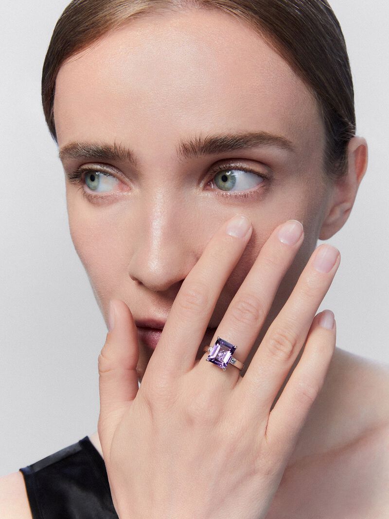 silver ring with purple amethyst and diamonds image number 3