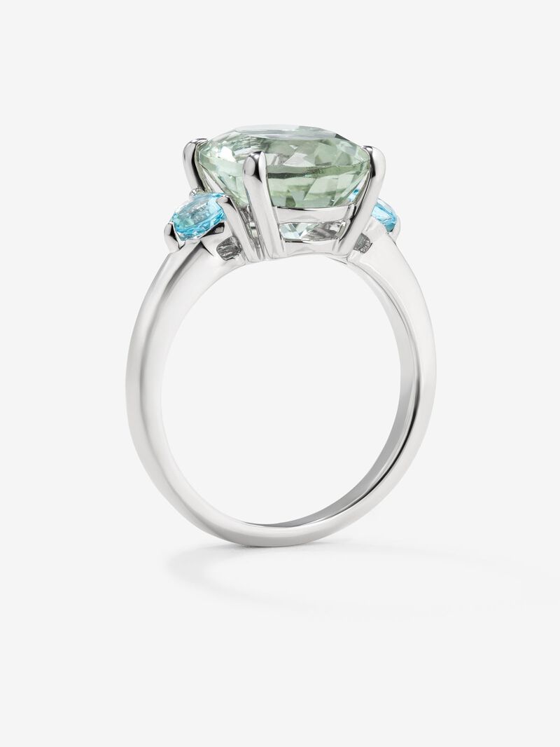 925 silver triple ring with oval-cut green amethyst and 2 brilliant-cut Swiss blue topazes image number 4
