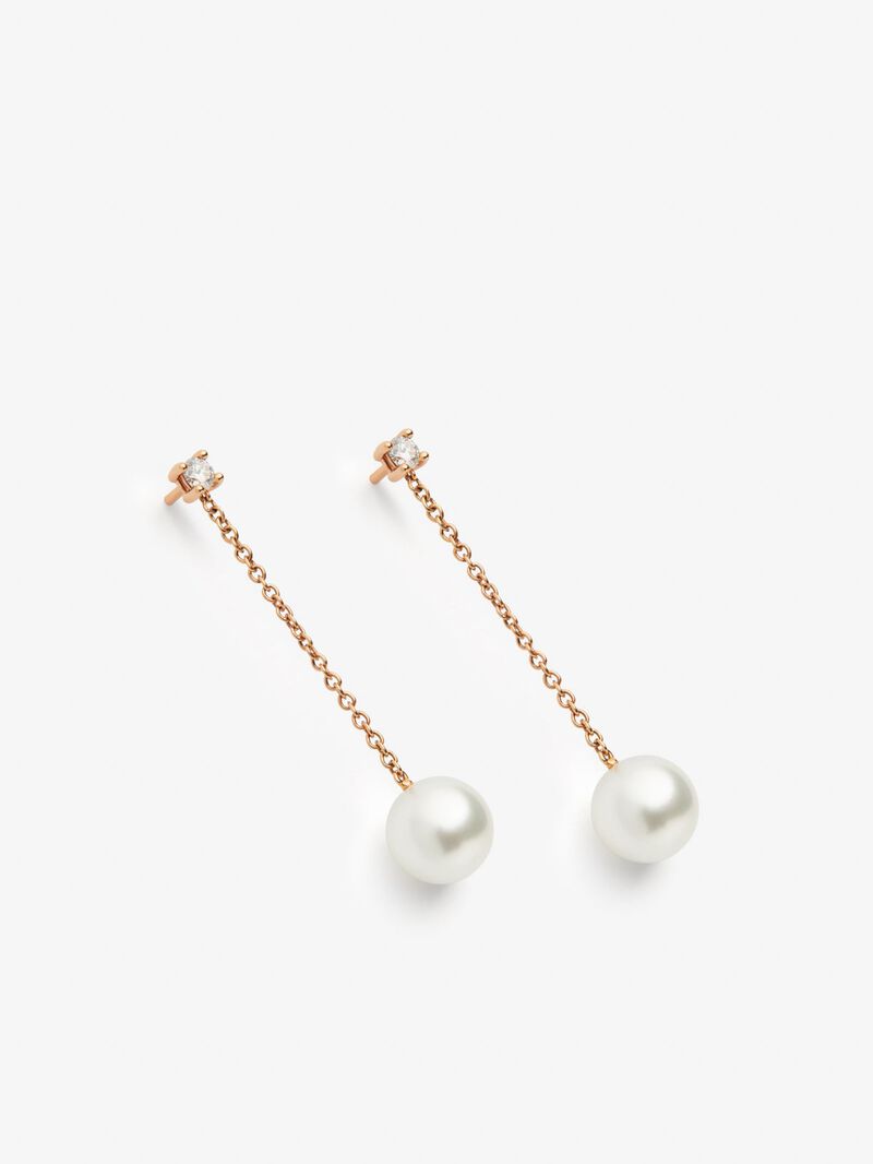 18K rose gold chain earrings with 2 brilliant-cut diamonds with a total of 0.22 cts and 2 9mm pearls image number 2