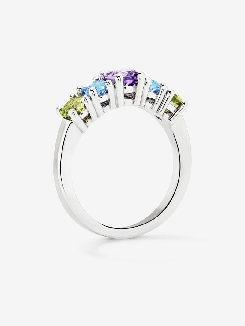 925 silver cinquillo ring with 2 peridots, a purple amethyst, and brilliant-cut Swiss blue topazes image number 3