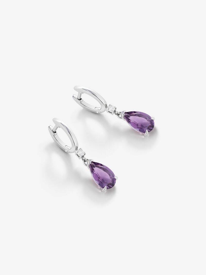 925 Silver hoop earrings with amethyst and hanging diamond. image number 2