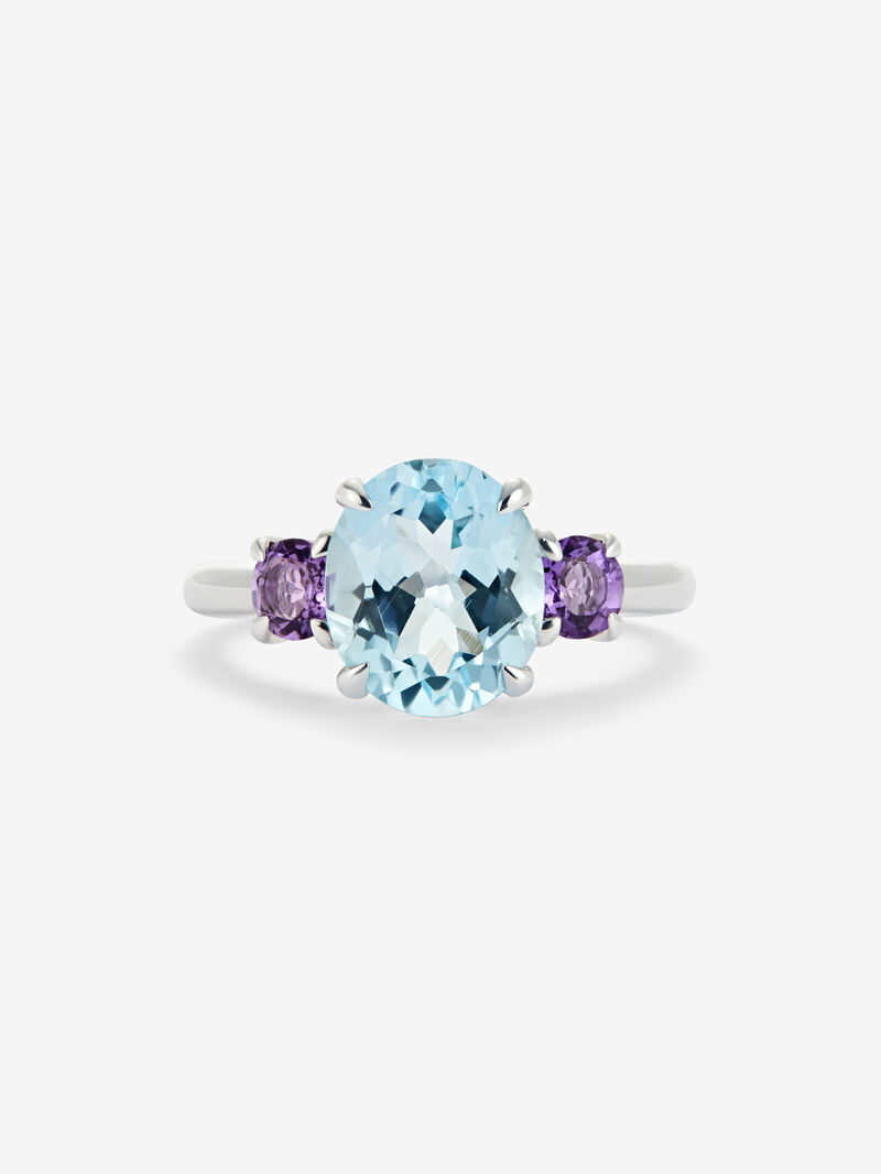 925 silver ring with oval-cut sky blue topaz and two brilliant-cut purple amethysts image number 2