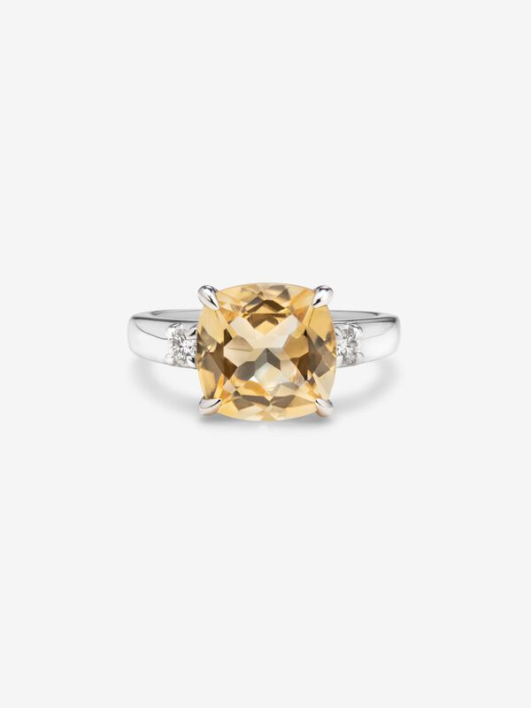 Anillo tresillo de plata con piedra citrino amarillo central de 3,55cts y diamantes, SO21147-AGDCI10_V