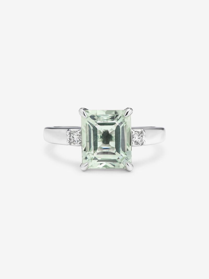 925 silver ring with green amethyst in emerald cut of 3.12 cts and 2 brilliant cut diamonds with a total of 0.09 cts image number 2