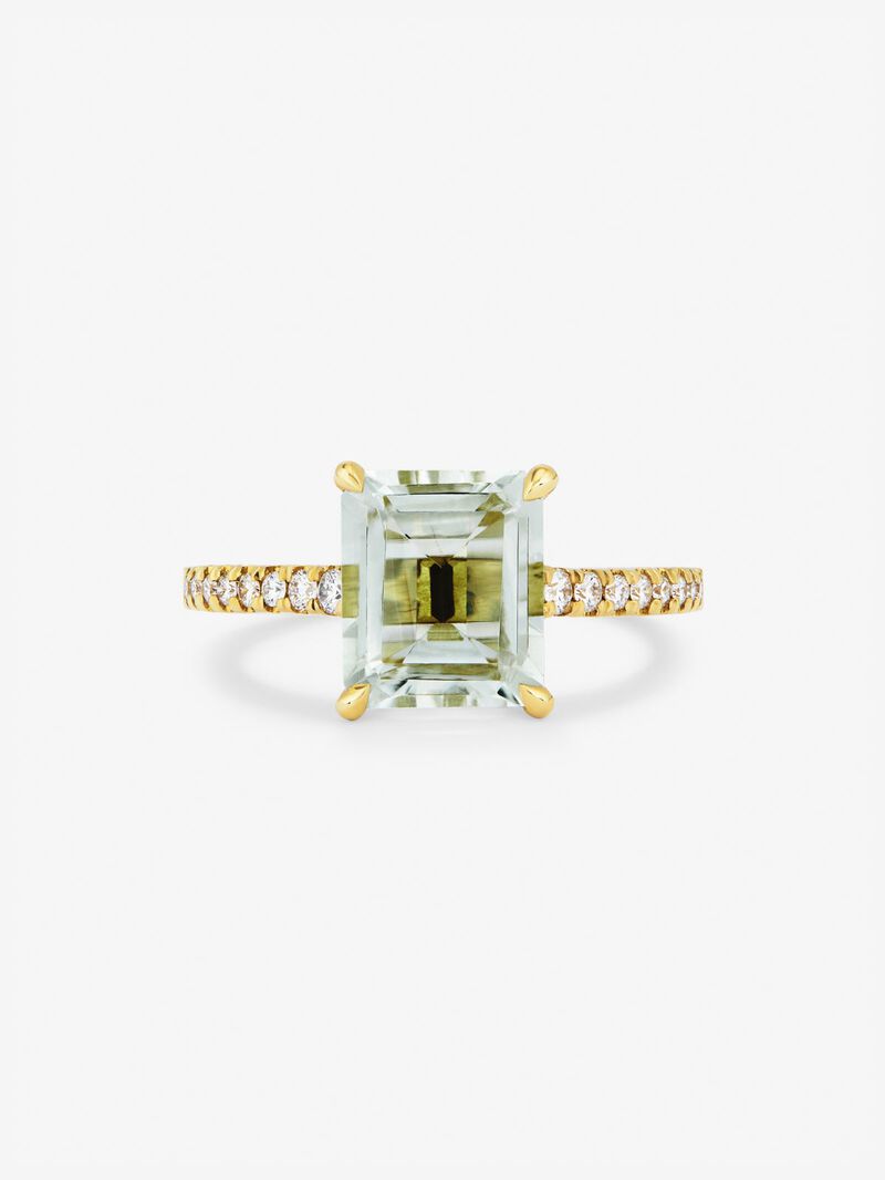 18K yellow gold solitaire ring with octagonal-cut green amethyst of 2.96 cts and 18 brilliant-cut diamonds with a total of 0.19 cts image number 2