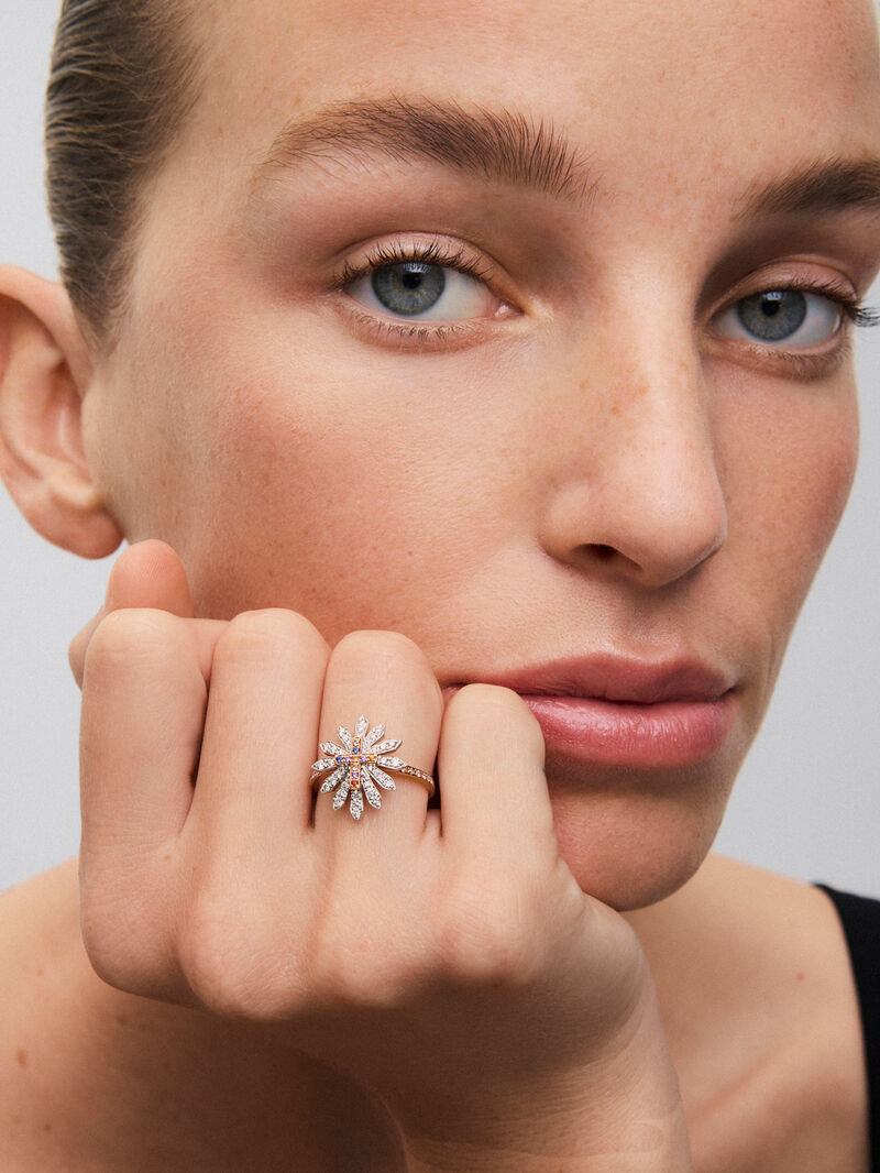 Rose gold and 18kt white gold cross ring with diamonds and multicolor sapphires. image number 1