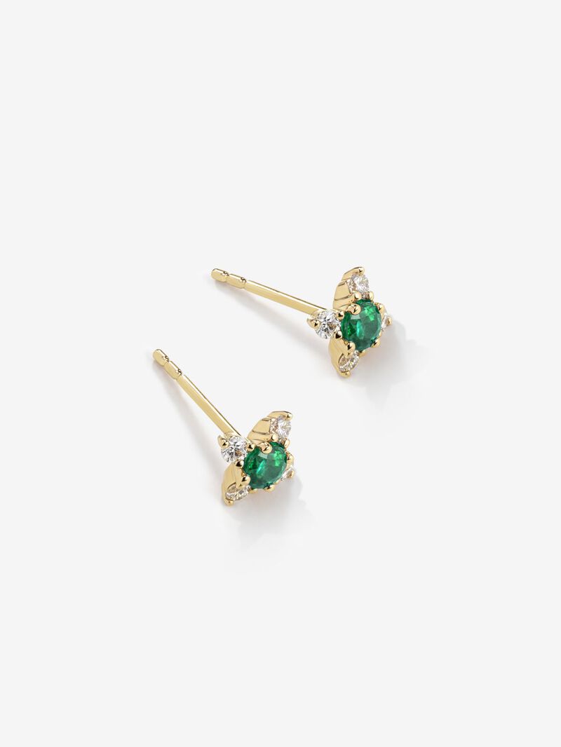 18K yellow gold flower earrings with emerald and diamonds. image number 2
