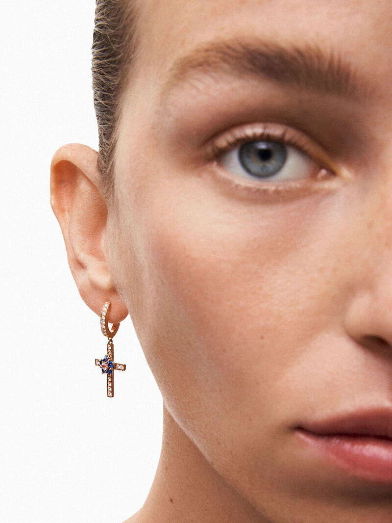 18kt rose gold hoop earrings with diamond cross and flower with sapphires. image number 1