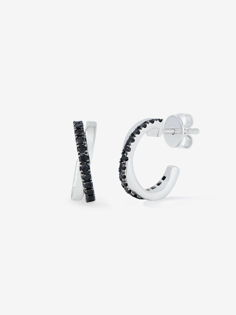 Thin cross hoop earrings made of 925 silver with spinels. image number 0