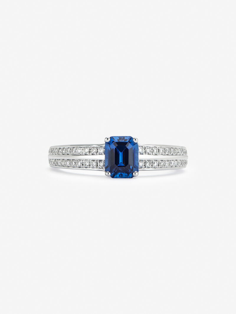 18K white gold ring with vivid blue sapphire in octagonal cut of 1.09 cts and 52 brilliant-cut diamonds with a total of 0.18 cts image number 2