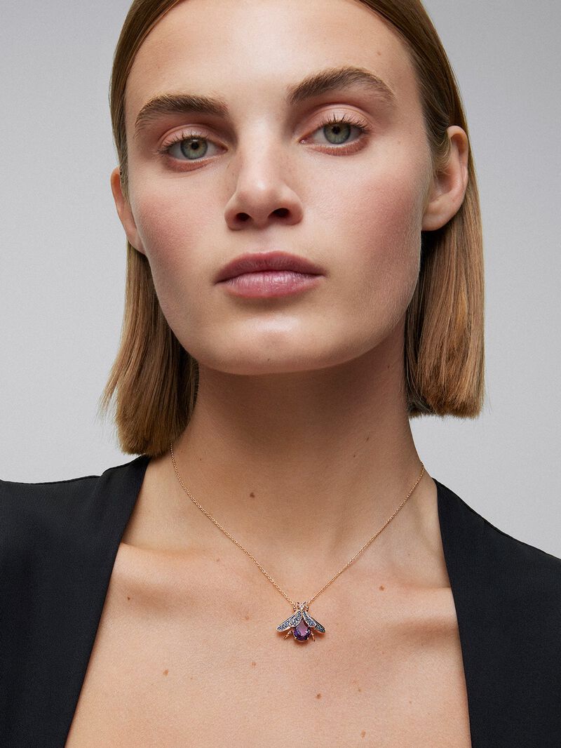 18K Rose Gold Insect Pendant Chain with Amethyst and Sapphire image number 3