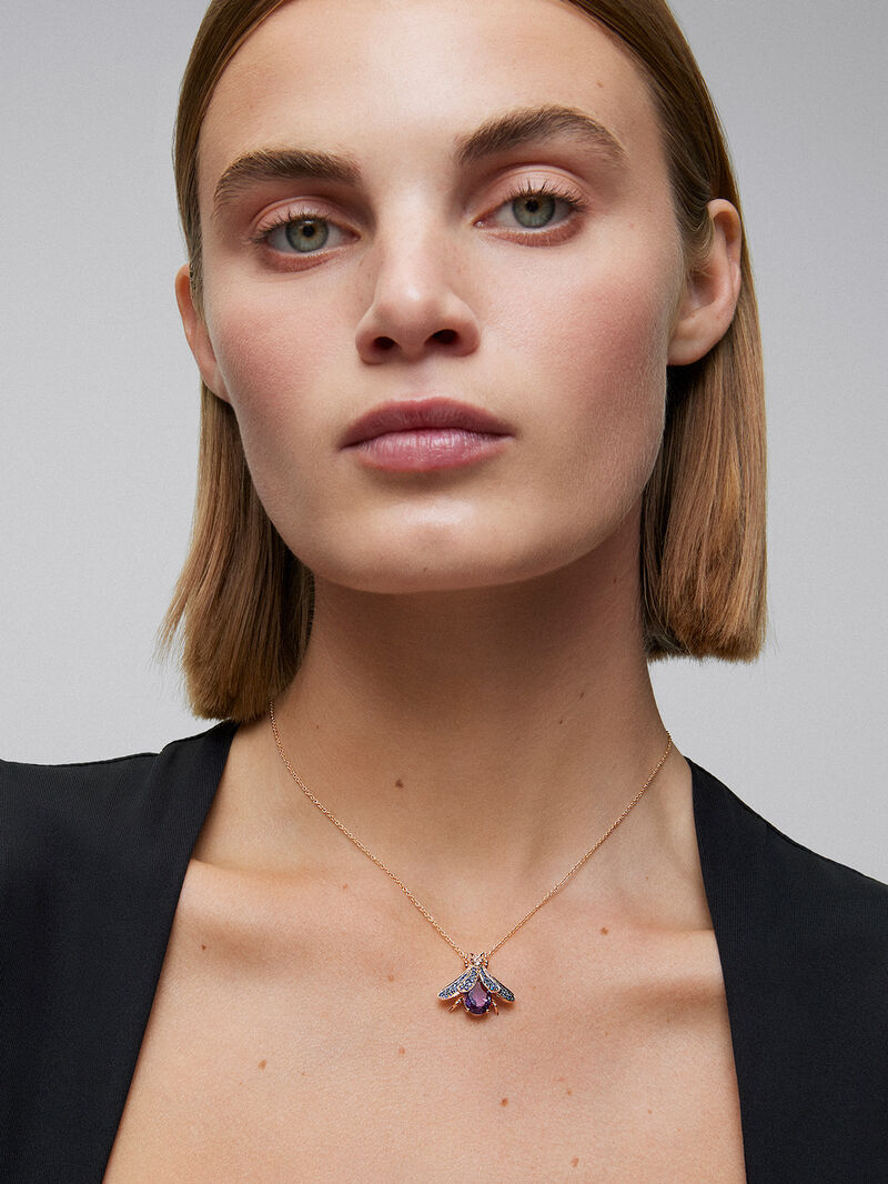 18K Rose Gold Insect Pendant Chain with Amethyst and Sapphire image number 3