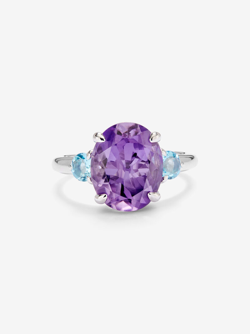 925 silver triple ring with oval-cut purple amethyst and 2 brilliant-cut Swiss blue topazes image number 2