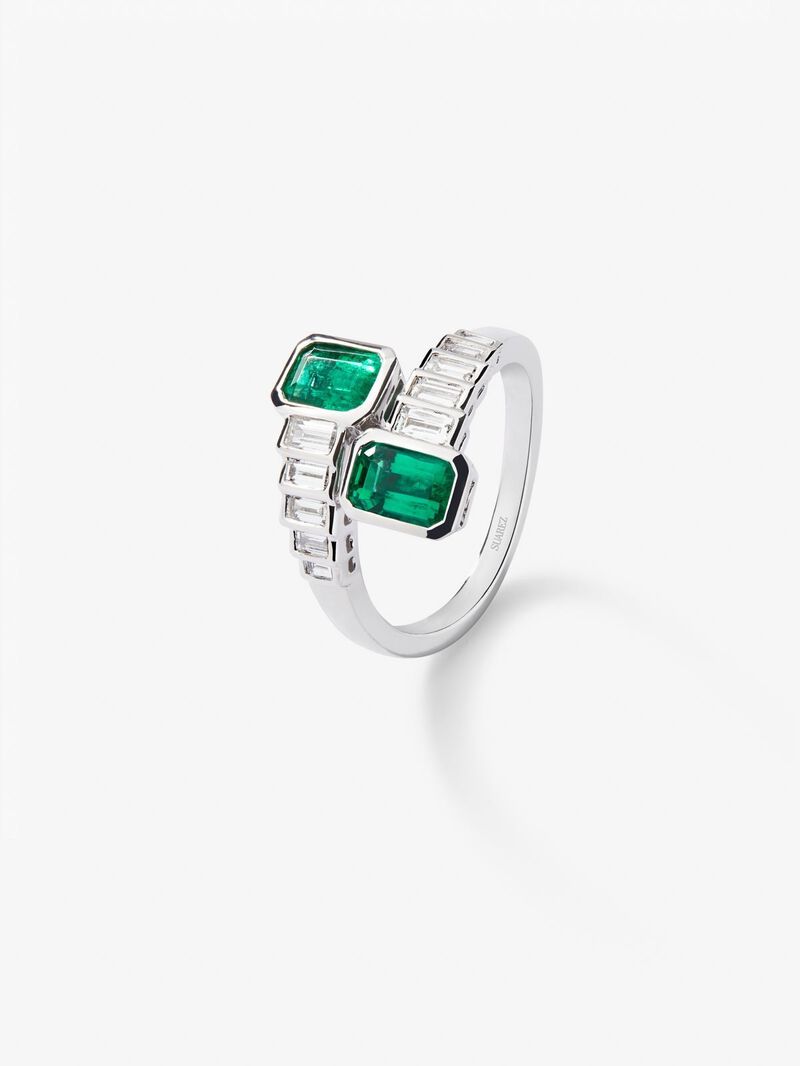 You and I 18k White Gold Ring with Green Emeralds in Octagonal Size 1.28 cts and white diamonds in 0.57 cts baggos image number 0