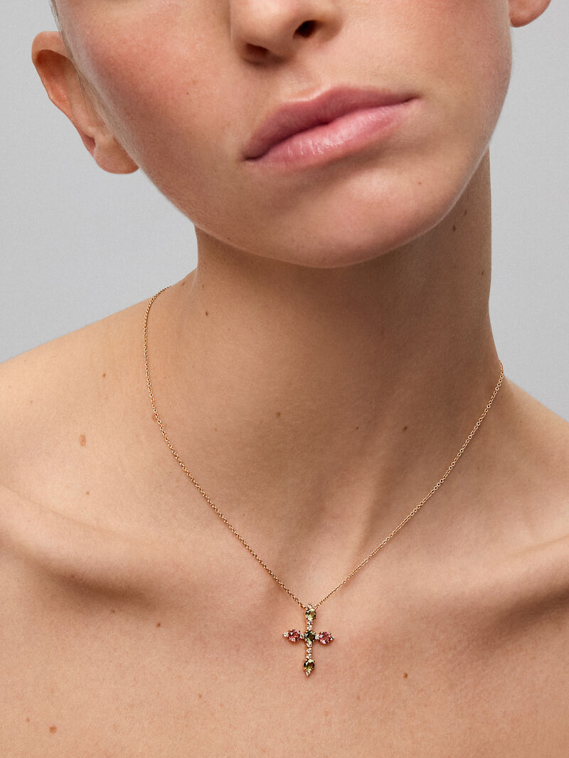 18K Rose Gold Cross Pendant Chain with Green Tourmaline and Pink Tourmaline image number 1