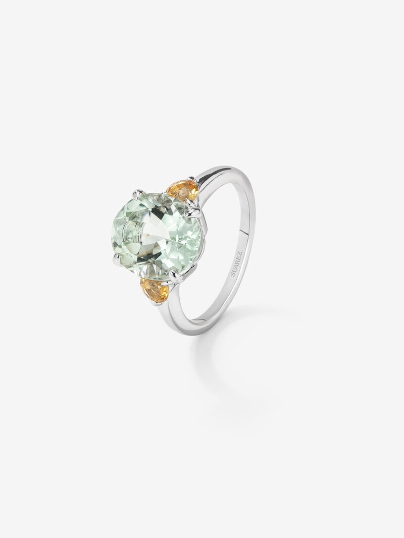 925 Silver three-stone ring with green amethyst and citrine. image number 0
