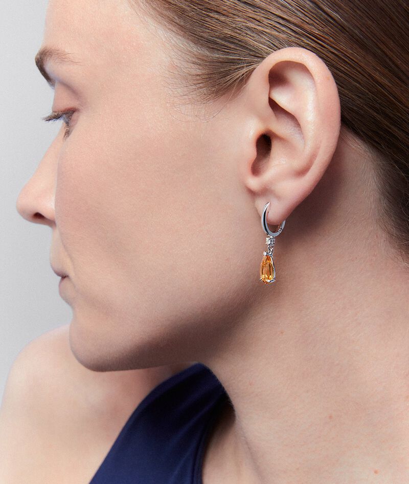 925 Silver hoop earrings with citrine and hanging diamond image number 1