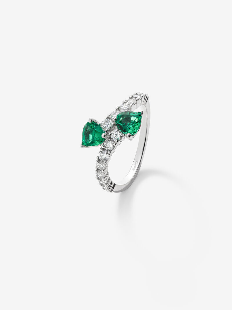 You and I 18k White Gold Ring with Green Emeralds in 0.98 cts and white diamonds in a bright 0.6 cts diamonds image number 0