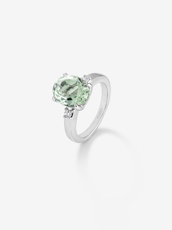 Anillo tresillo de plata con piedra amatista verde central de 3,67cts y diamantes, SO22090-AGDAMV11X9_V