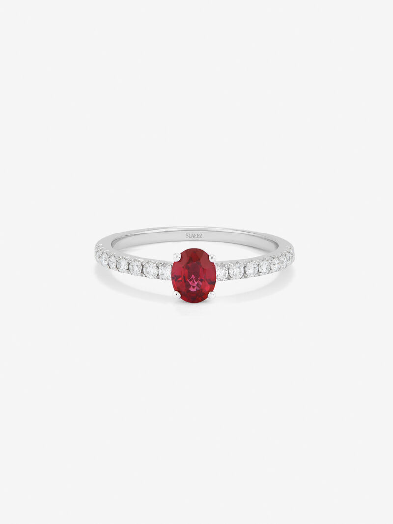 18K White Gold Ring with Red Ruby in 0.55 cts oval size and white 0.1 cts bright diamonds image number 2