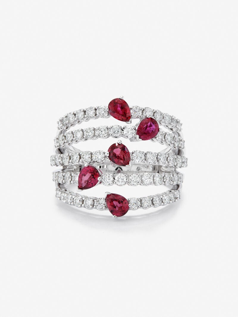 18K white gold ring with 60 brilliant-cut diamonds with a total of 1 cts and 5 pear-cut red rubies with a total of 1.14 cts image number 4