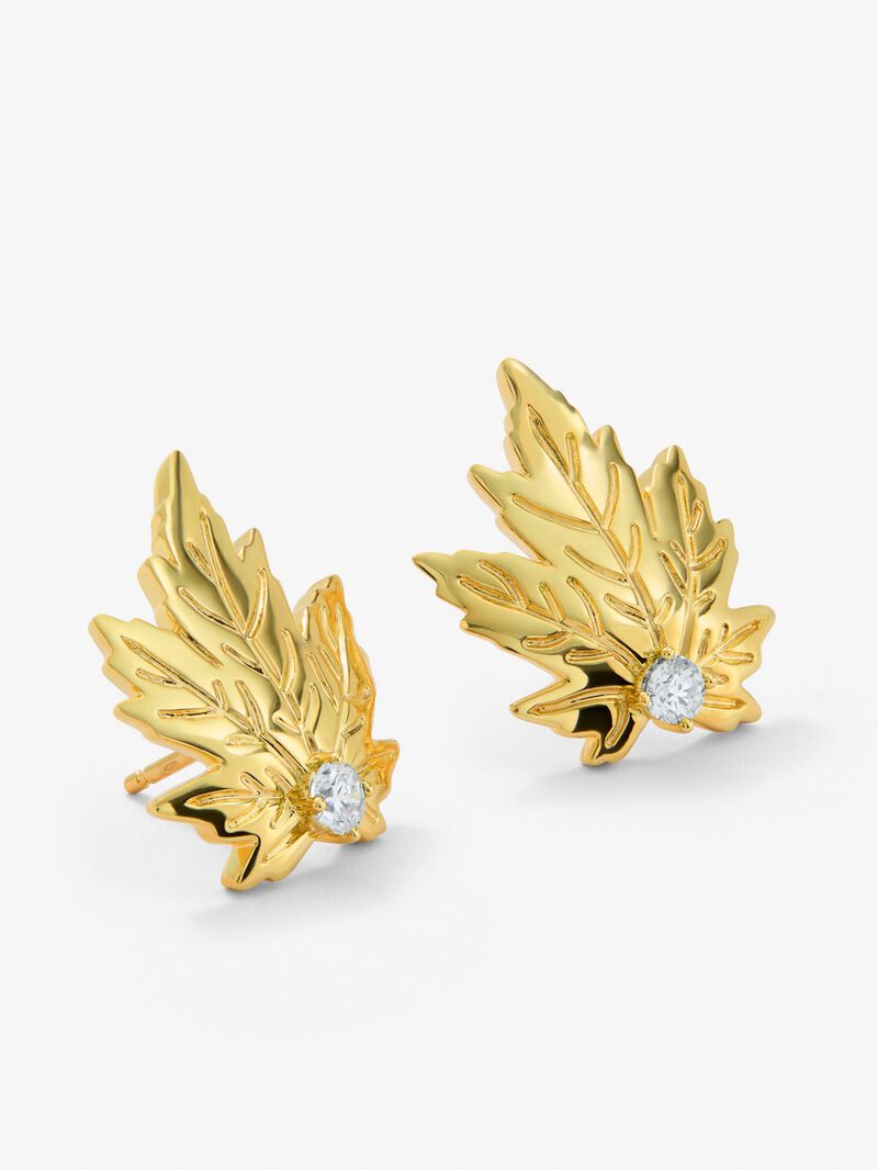 18K Yellow Gold Maple Leaf Earrings with Central Diamonds image number 2