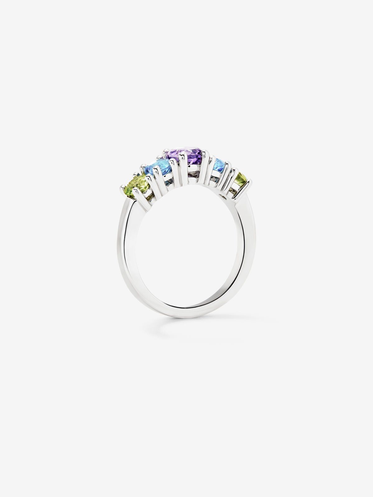 Anillo cinquillo de plata 925 con 2 peridotos una amatista morada y topacios azul swiss en talla brillante Suarez