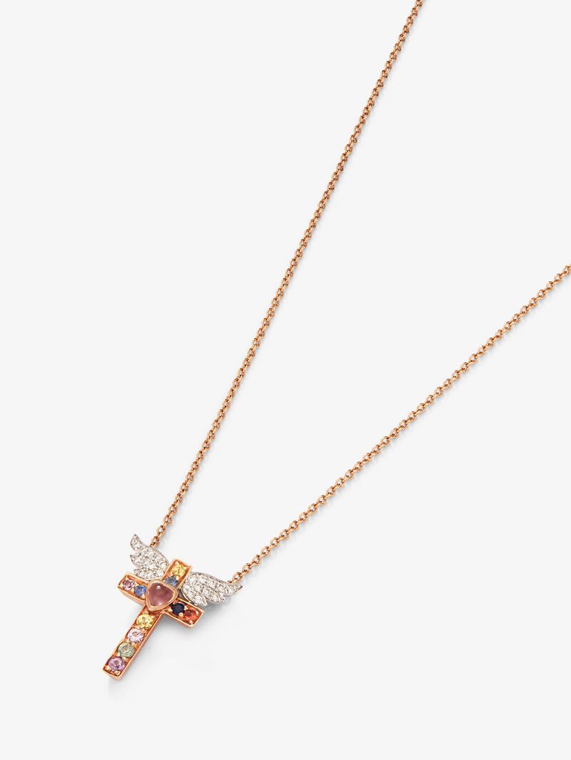 18K Rose Gold Cross Pendant Chain with Sapphire and Diamond. image number 2