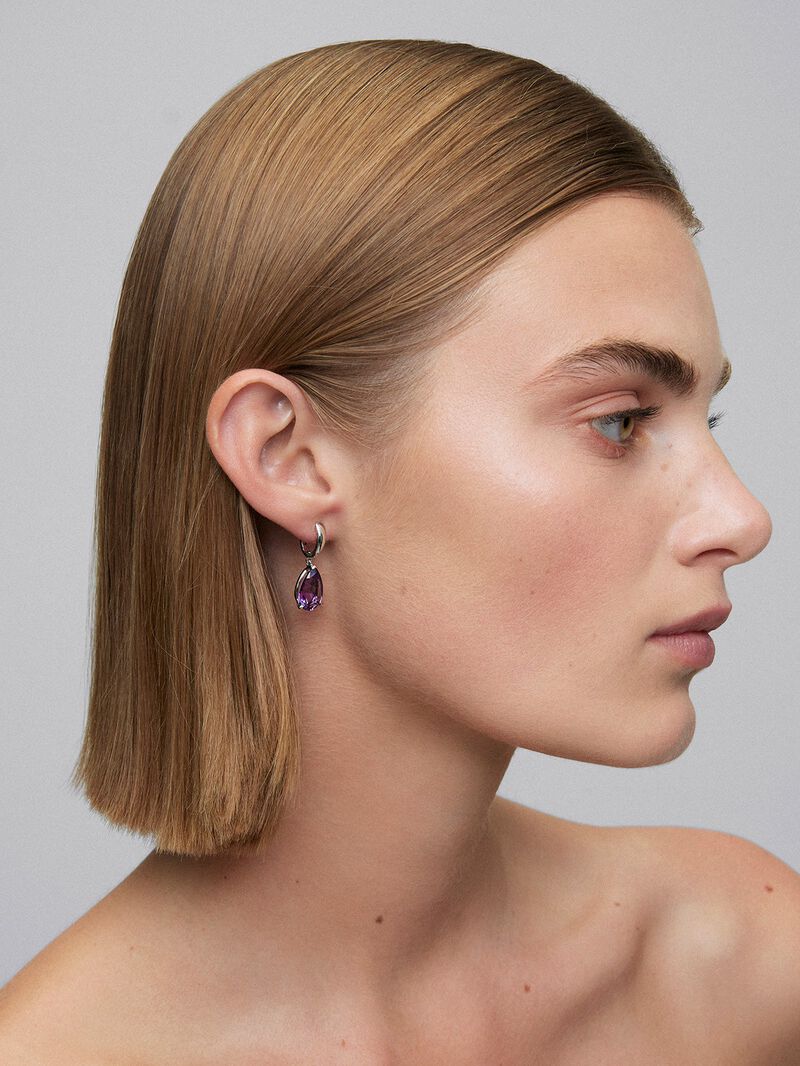 925 Silver hoop earrings with hanging amethyst image number 1
