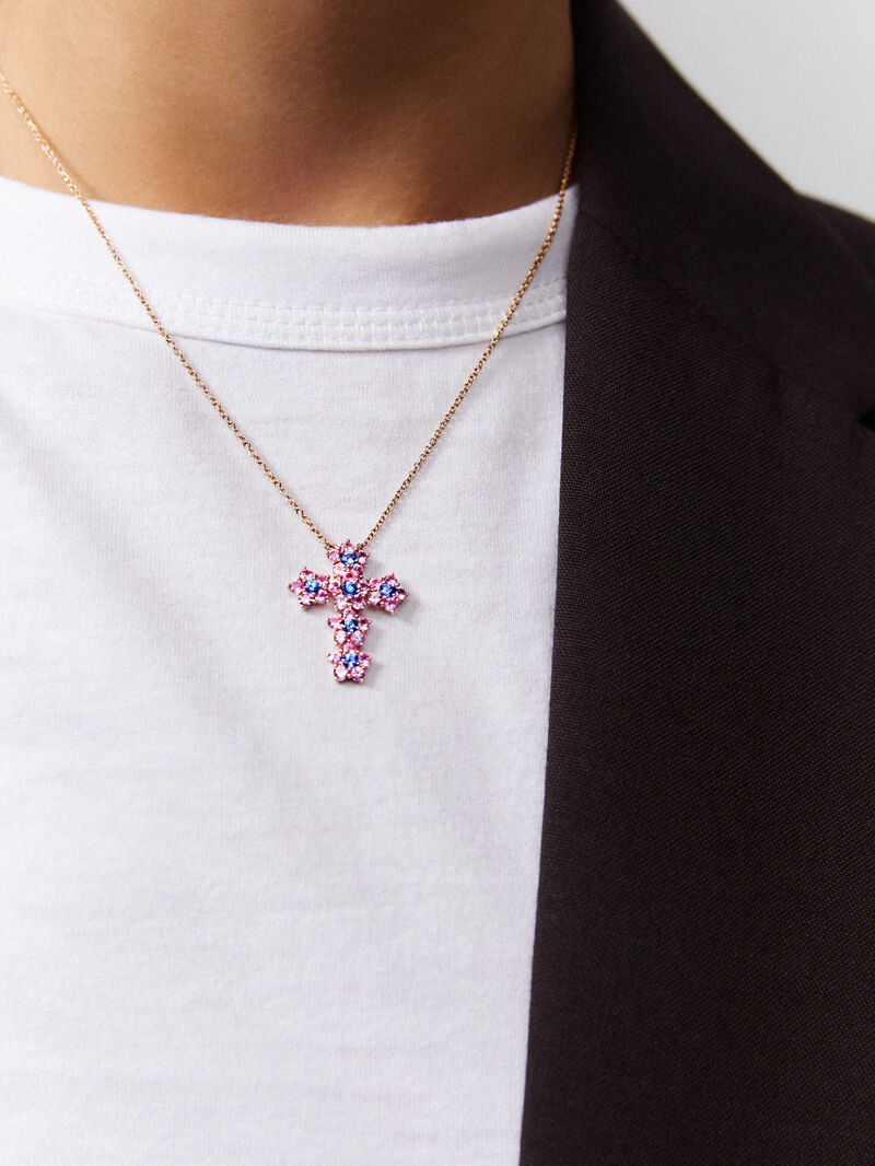 18kt Rose Gold Flower Pendant with Blue and Pink Sapphires image number 0