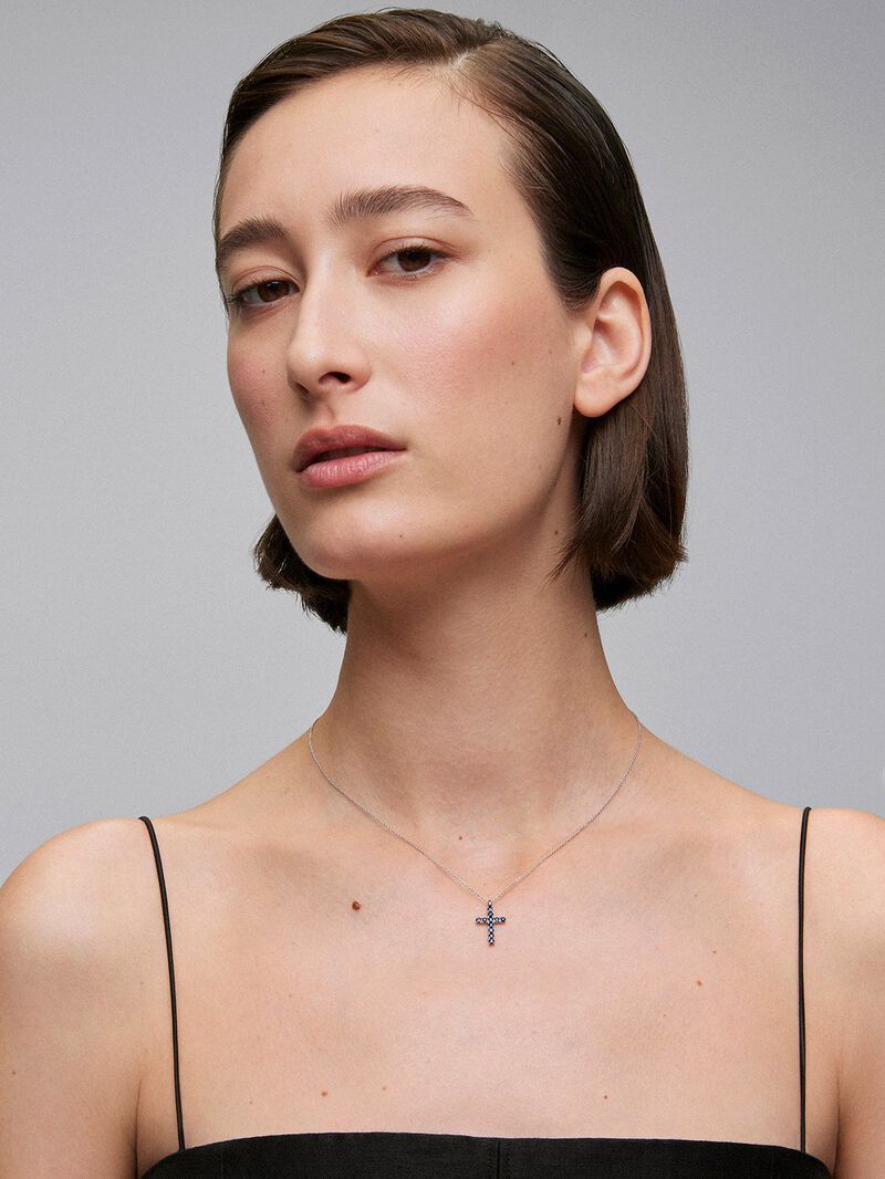 18K White Gold Cross Pendant Chain with Sapphire image number 0