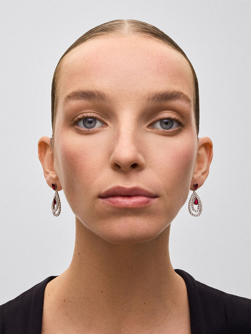 18K white gold earrings with white diamonds in bright size of 3 cts and red rubies in 3,13 cts pear size image number 1