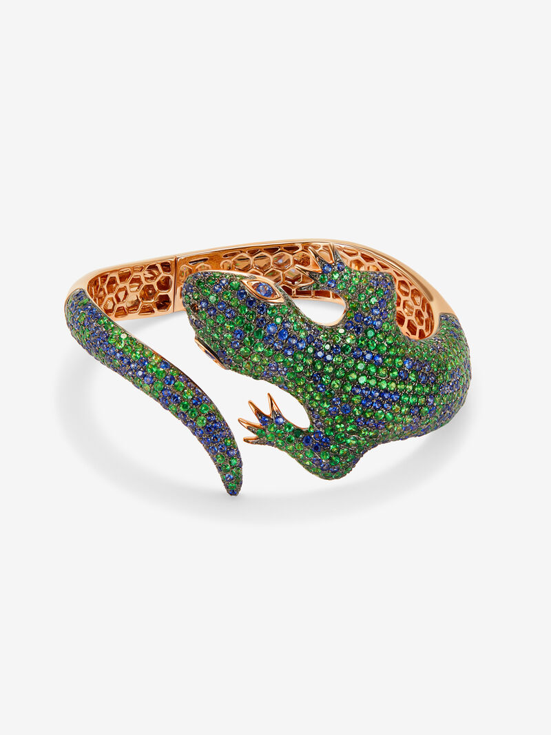 18K rose gold bracelet shaped by salamandra, with green tsavors 7.69 cts and blue sapphires 5.88 cts image number 0
