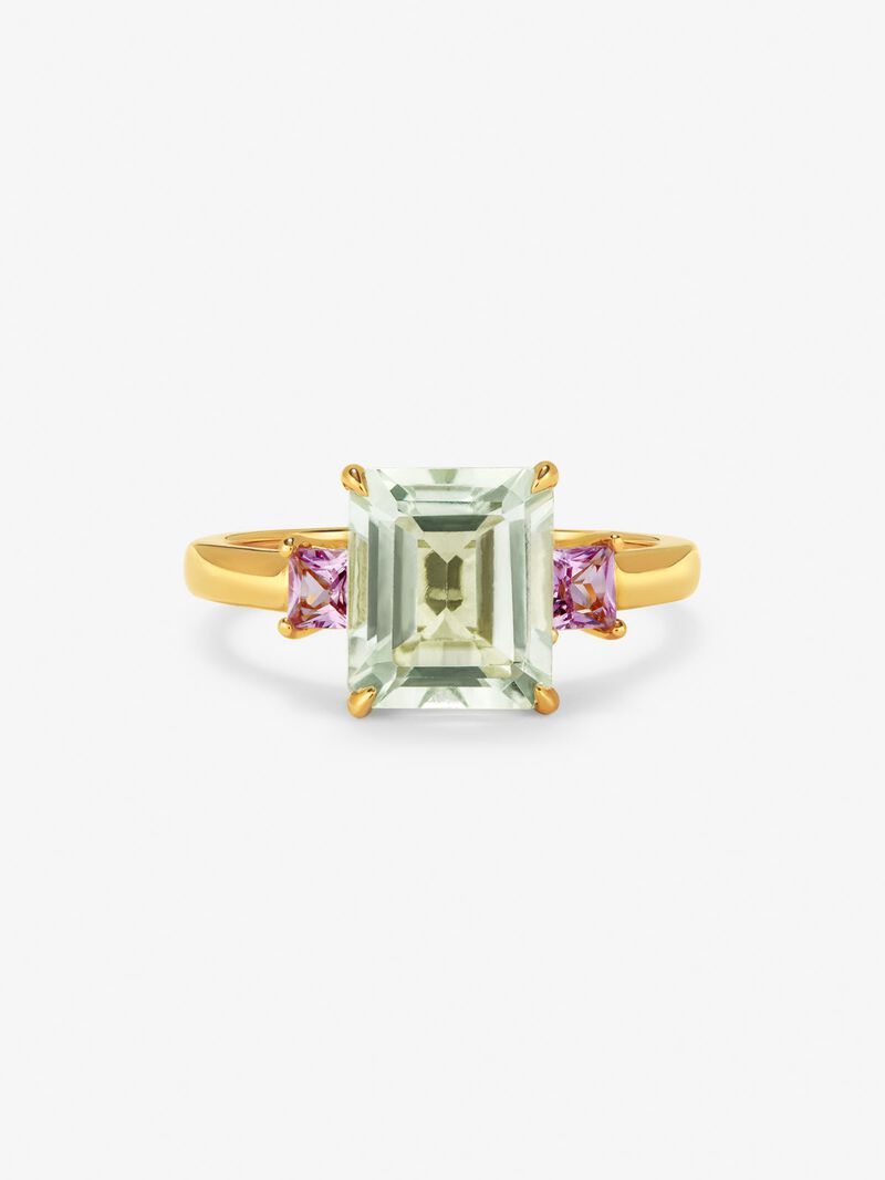 18K yellow gold triple ring with emerald-cut green amethyst of 2.53 cts and 2 princess-cut pink sapphires with a total of 0.41 cts image number 2